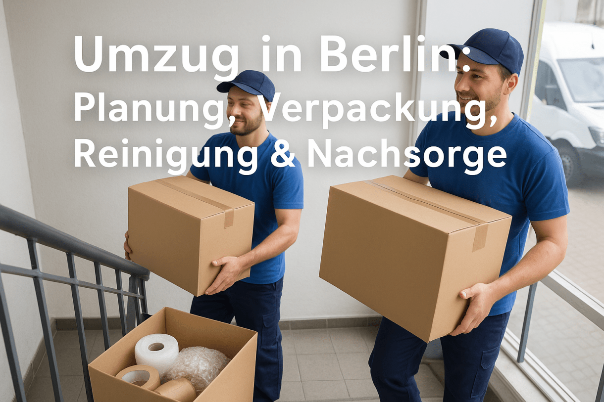 Umzugshelfer tragen Kartons ins Treppenhaus — Umzug in Berlin mit Kraftmann Umzüge