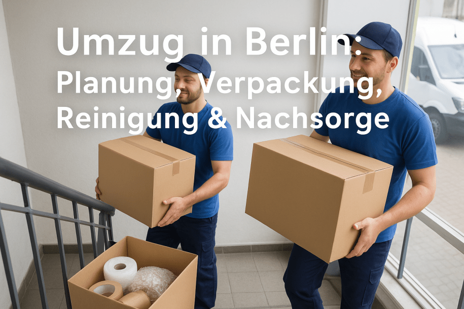 Umzugshelfer tragen Kartons ins Treppenhaus — Umzug in Berlin mit Kraftmann Umzüge