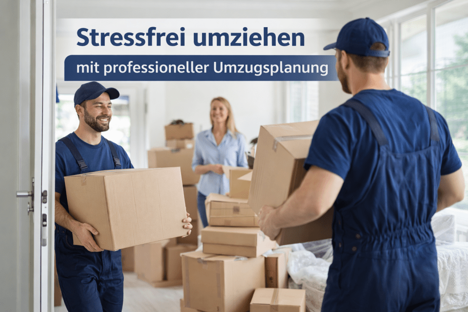 Umzugsteam trägt Möbelkartons in eine neue Wohnung – professioneller Umzugsservice