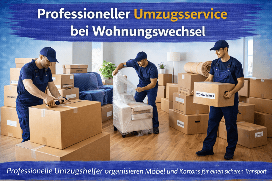 Umzugshelfer verpacken Möbel und Kartons in einer modernen Wohnung