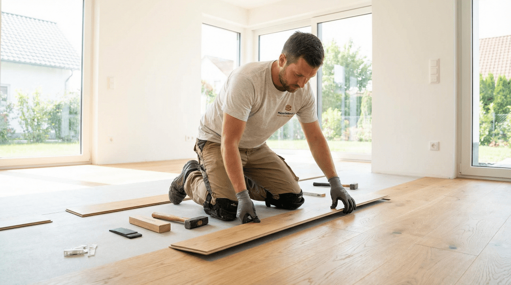 Laminat verlegen Berlin – Handwerker legt Dielen in hellem leerem Raum