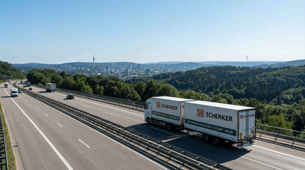 Umzugsunternehmen in der Nähe Berlin – LKW auf der Autobahn durch grüne Hügel