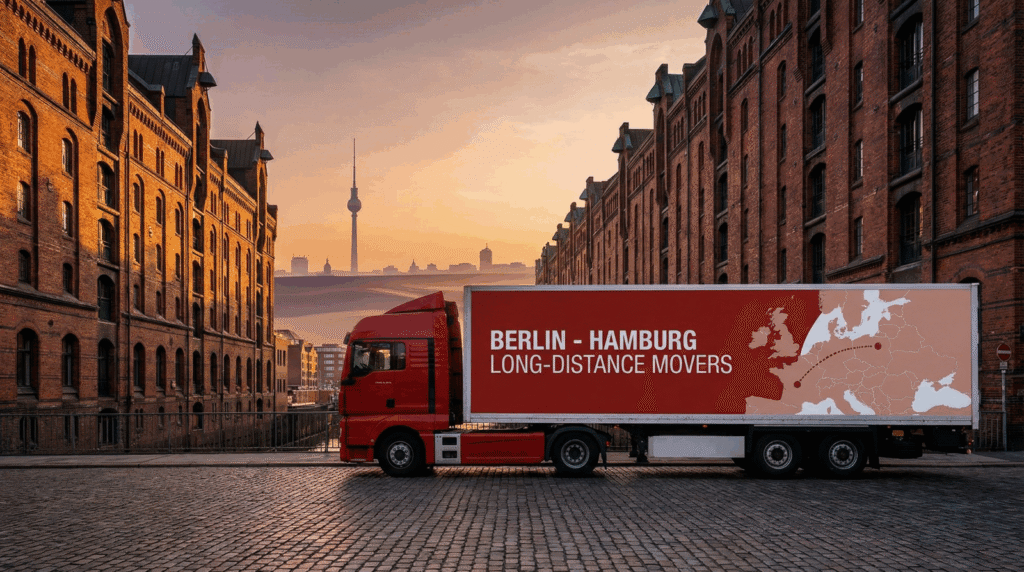 Umzug Hannover Berlin – Fernumzug-LKW im Abendlicht vor Backsteinbauten