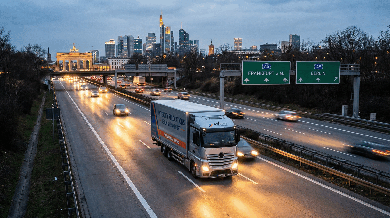 Umzug Niederlande Berlin – LKW auf der Autobahn in der Dämmerung