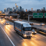 Umzug Hessen Berlin – Lastwagen fährt abends vor der Skyline am Main