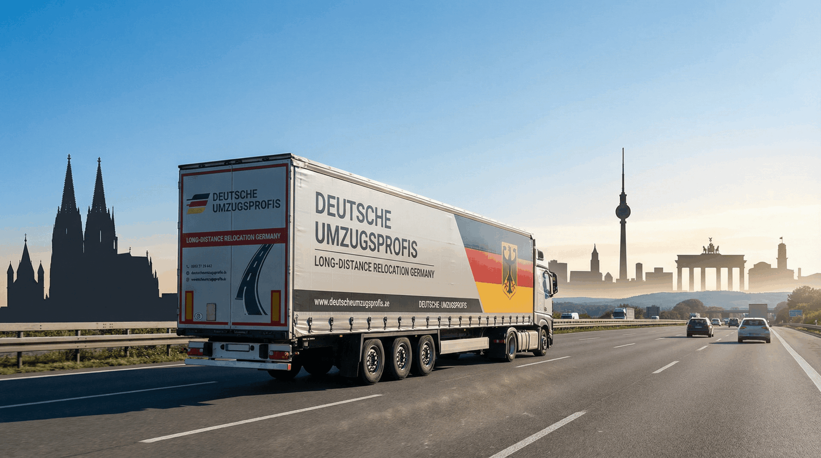 Umzug Polen Berlin – LKW auf der Autobahn mit Stadtsilhouette