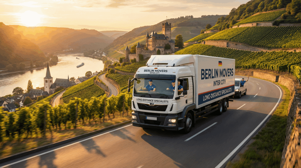 Umzug Rheinland-Pfalz Berlin – LKW fährt durch Weinberge am Rhein