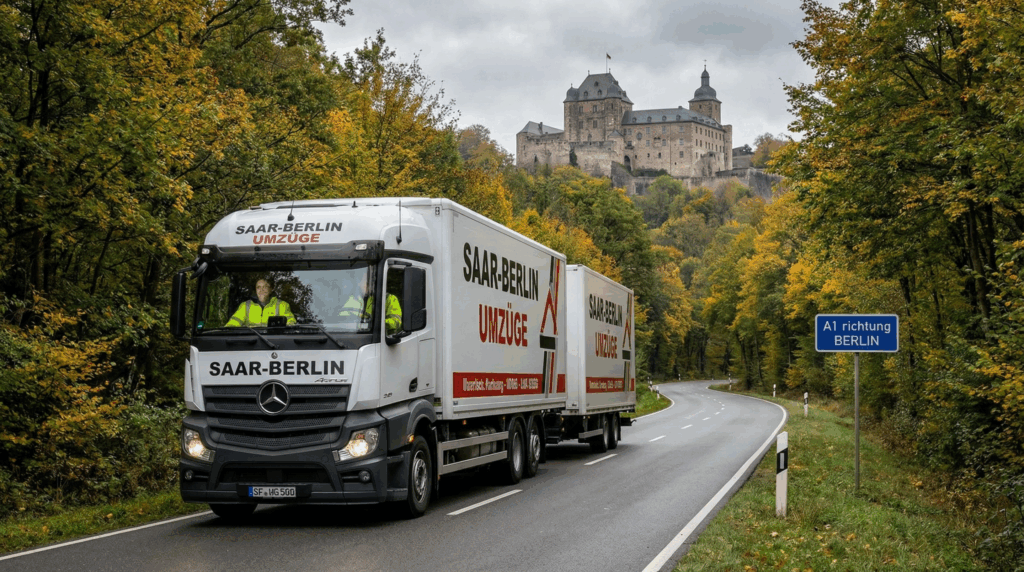Umzug Saarland Berlin – LKW auf einer Landstraße vor einer Burg
