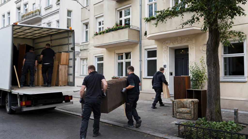 Entsorgung Berlin – Umzugshelfer tragen Möbel zu einem Transporter vor Altbauten