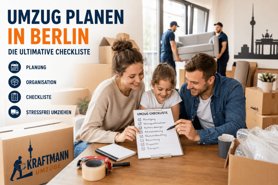 Familie plant gemeinsam einen Umzug in Berlin mit Umzugskartons und Checkliste
