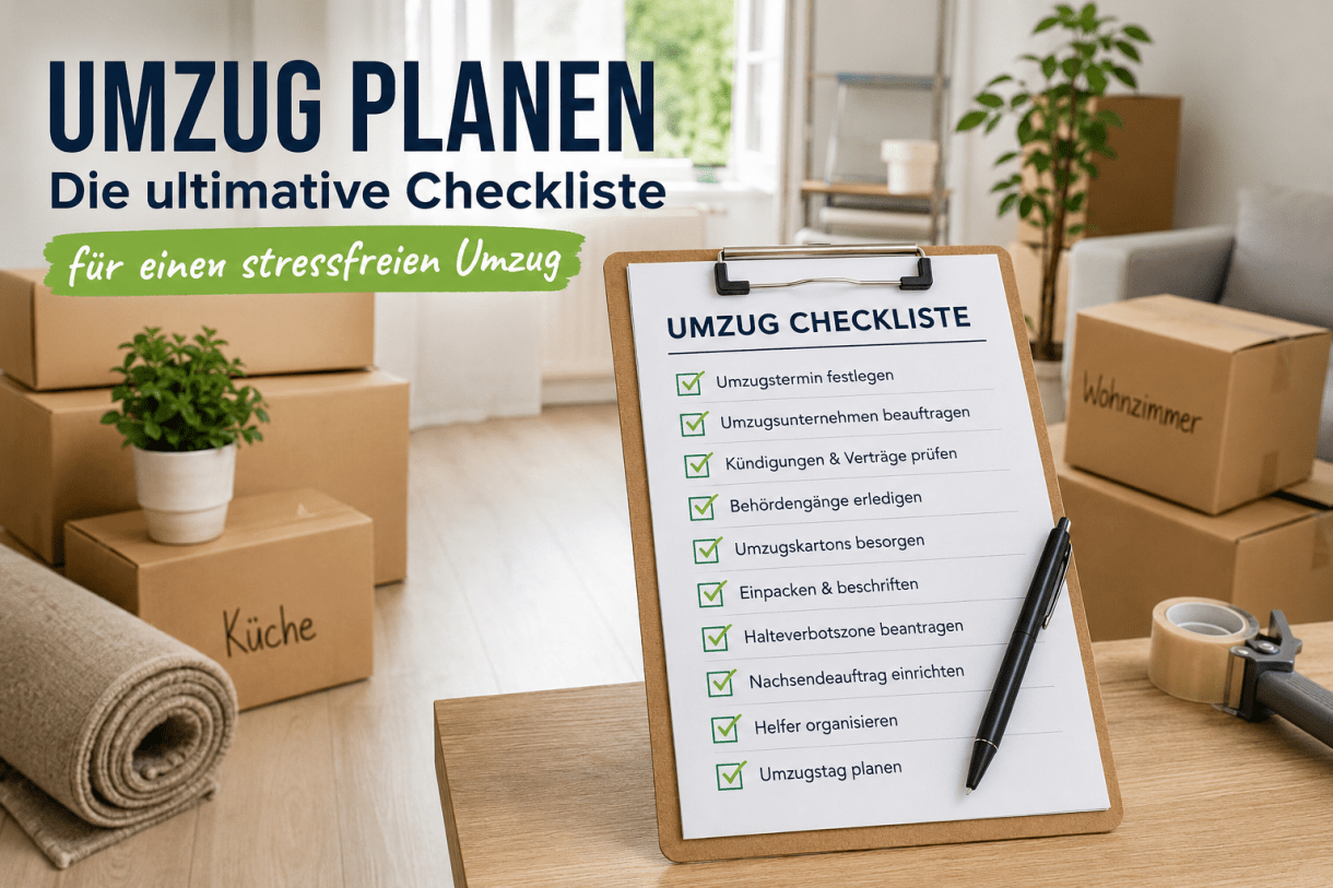 Familie plant ihren Umzug mit Umzugskartons und Checkliste in einer neuen Wohnung