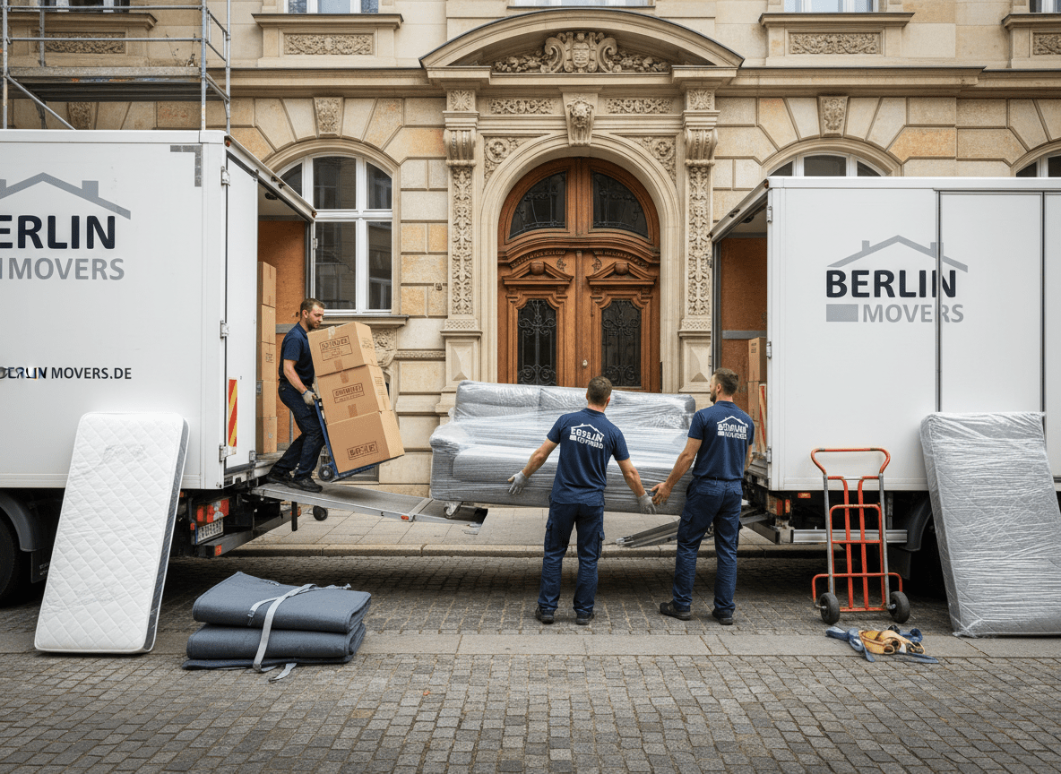 Professionelle Umzugshelfer transportieren Möbel bei einem Umzug in Berlin