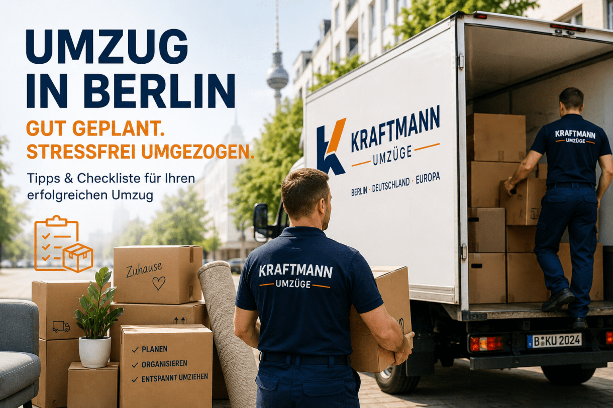 Professionelles Umzugsteam trägt Umzugskartons vor einem Mehrfamilienhaus in Berlin.