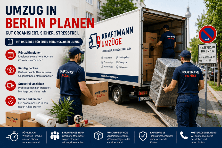 Professionelles Umzugsteam transportiert Möbel und Umzugskartons bei einem Umzug in Berlin.