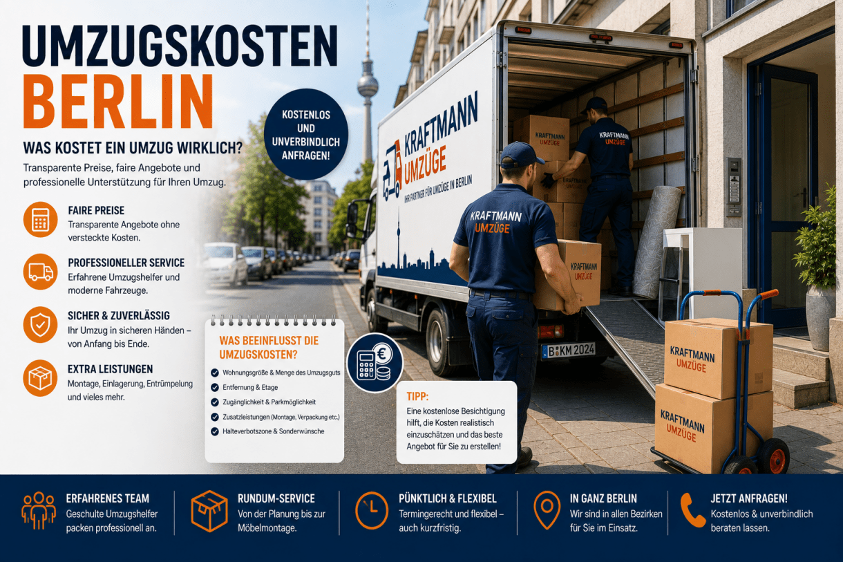 Professionelle Umzugshelfer beladen einen Umzugswagen mit Möbeln und Kartons in Berlin.