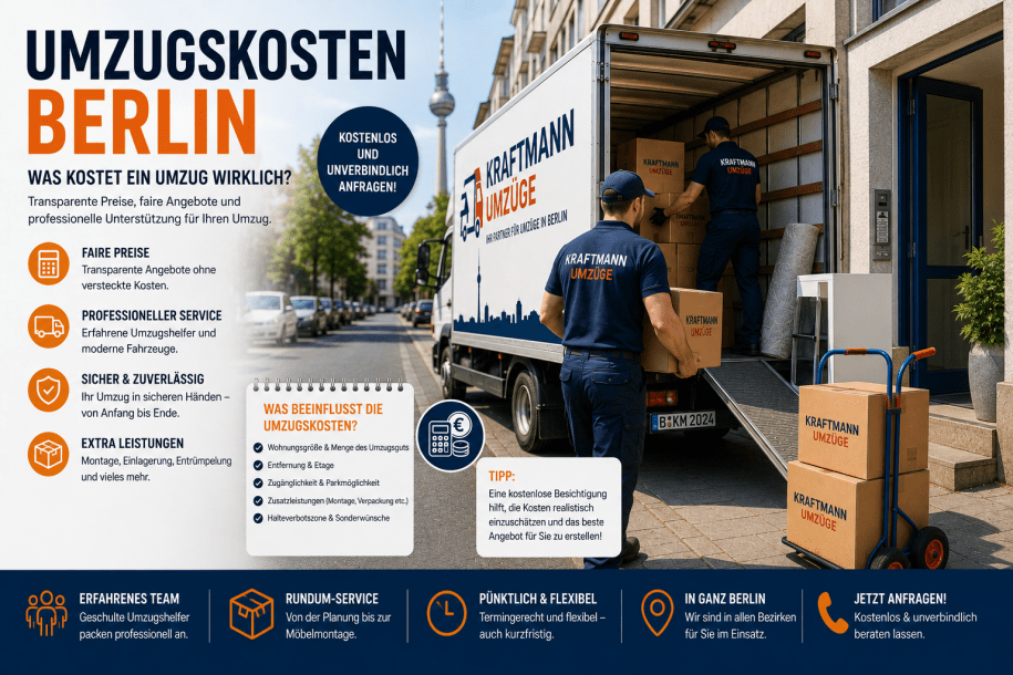 Professionelle Umzugshelfer beladen einen Umzugswagen mit Möbeln und Kartons in Berlin.
