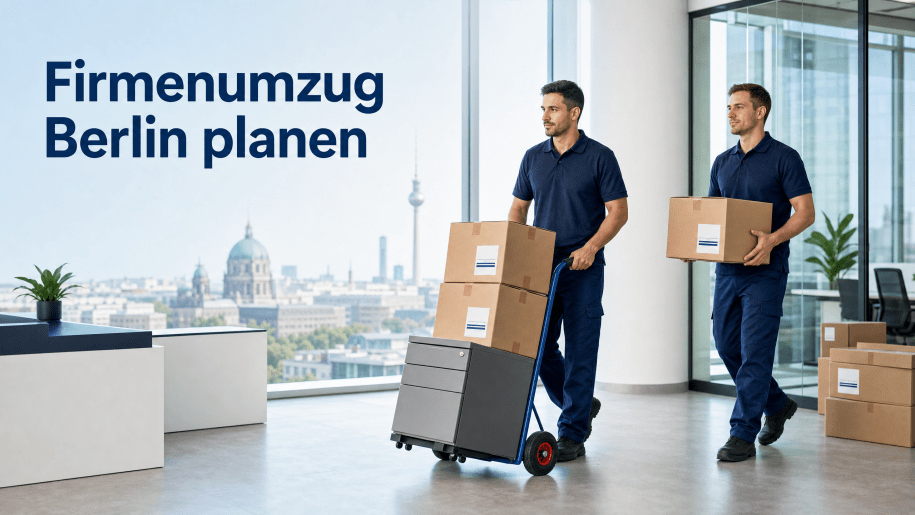 Zwei professionelle Umzugsfachkräfte transportieren Kartons und einen Rollcontainer bei einem Firmenumzug in einem modernen Berliner Büro.