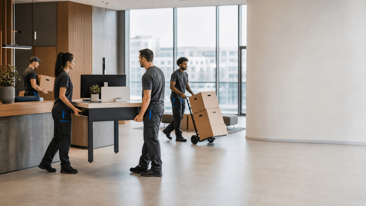 Umzugsteam transportiert Büromöbel und Kartons in einem modernen Berliner Bürogebäude.