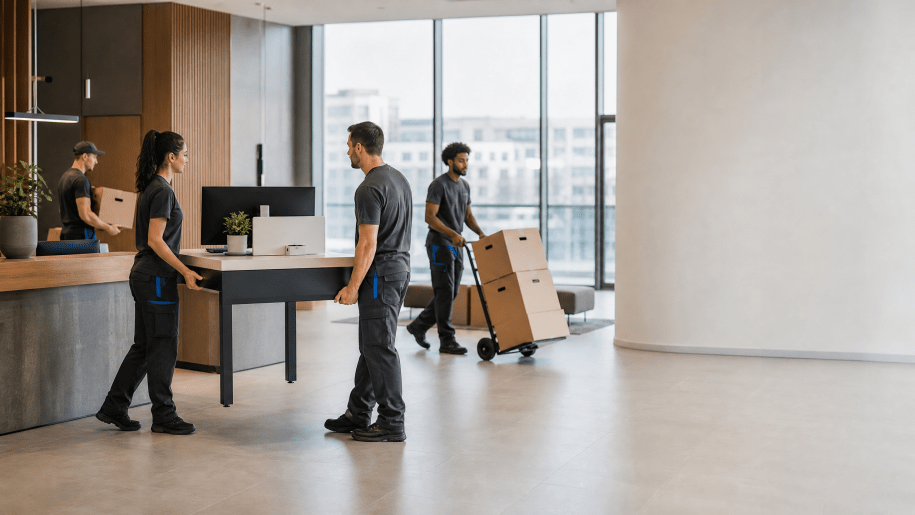 Umzugsteam transportiert Büromöbel und Kartons in einem modernen Berliner Bürogebäude.
