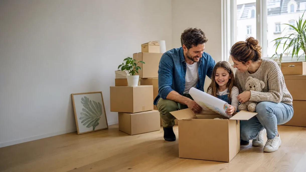 Familie mit Kind packt Umzugskartons in einer hellen Berliner Wohnung für den Umzug