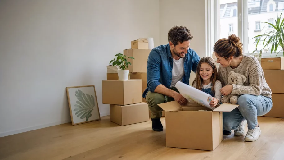 Familie mit Kind packt Umzugskartons in einer hellen Berliner Wohnung für den Umzug
