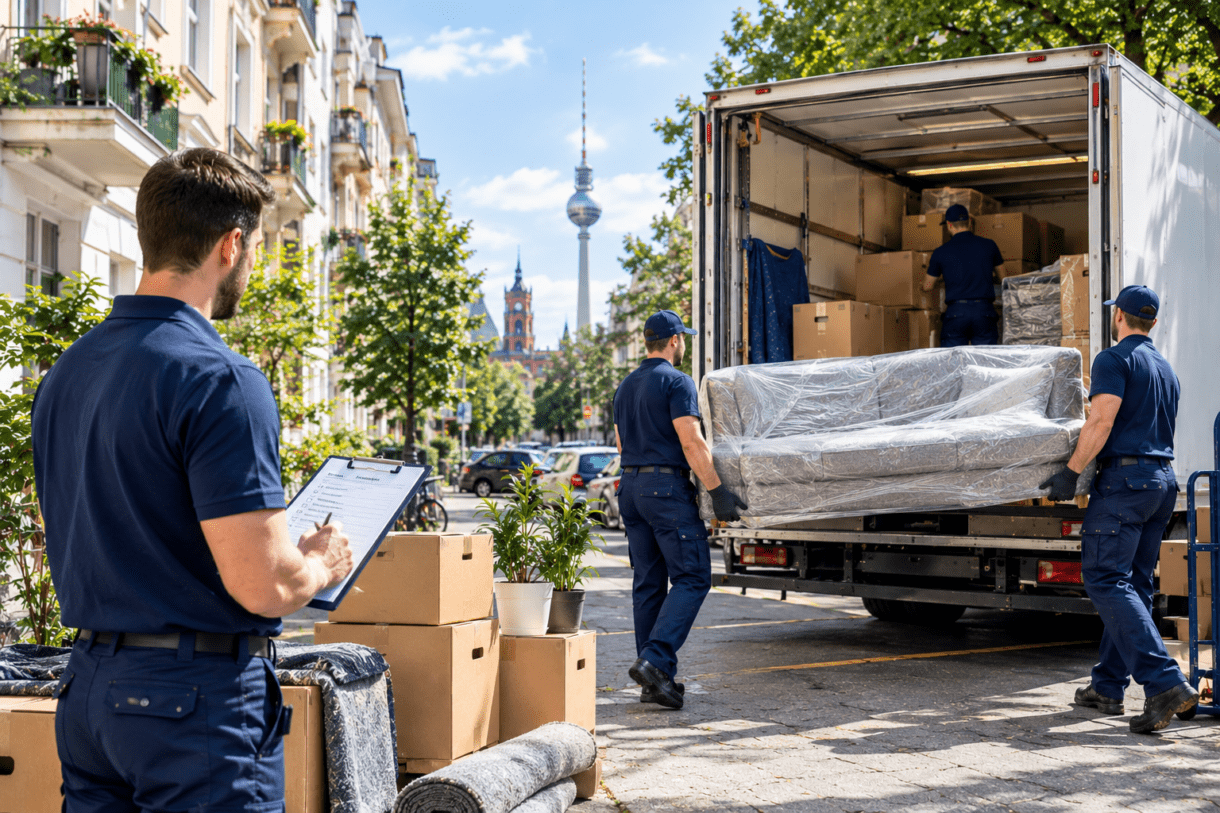 Professionelle Umzugshelfer laden geschützte Möbel und Umzugskartons bei einem Umzug in Berlin in einen Transporter