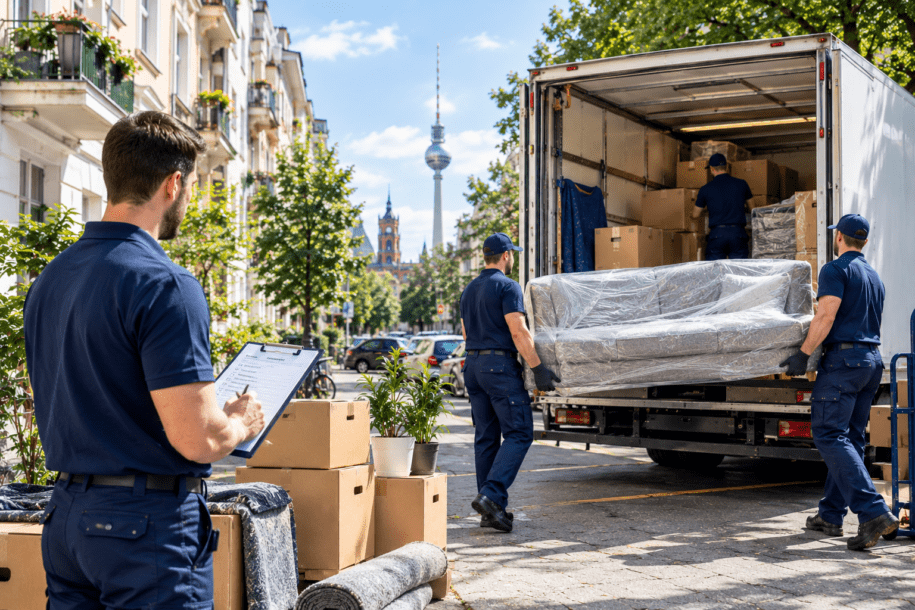 Professionelle Umzugshelfer laden geschützte Möbel und Umzugskartons bei einem Umzug in Berlin in einen Transporter