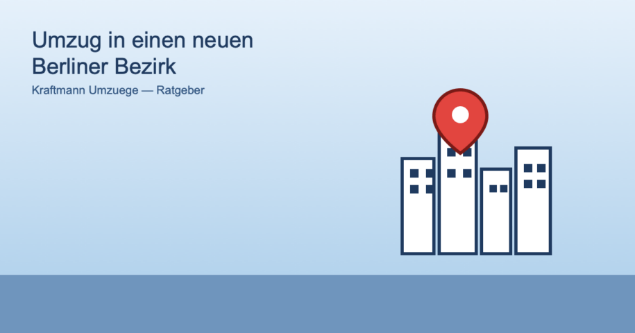 Illustration von Berliner Haeusern und einem Standortpin als Symbol fuer den Umzug in einen neuen Bezirk