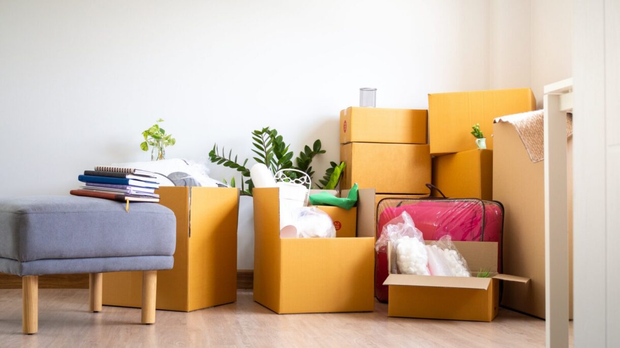 Umzug in kleinere Wohnung – Kartons, Sessel und Pflanzen im hellen Raum