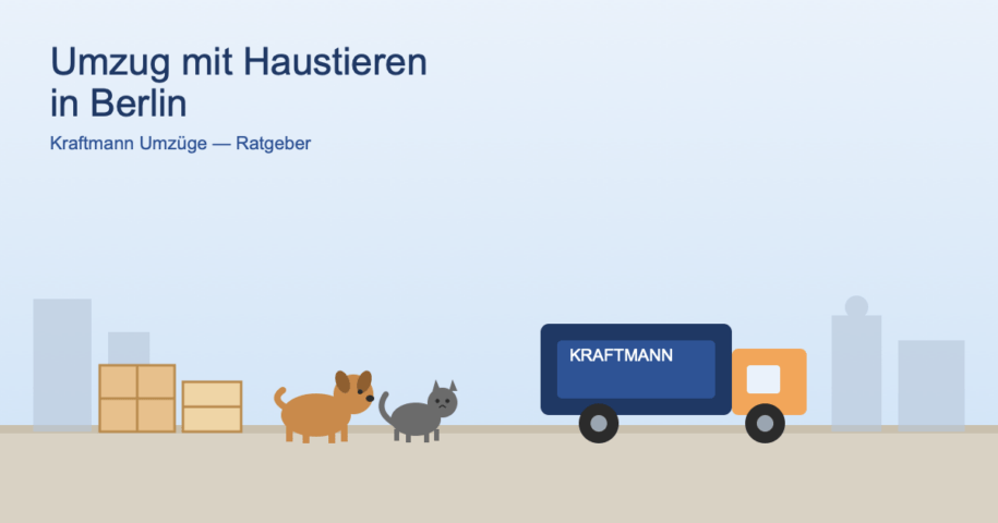 Hund und Katze neben Umzugskartons und Kraftmann-Umzugswagen in Berlin